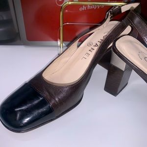 Chanel square stacked heels.  Brown black square cap toe. No scuffs. 3”